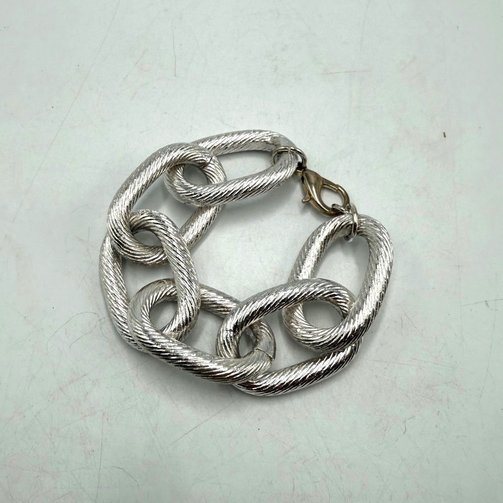 Chunky Silver Tone Cable Link Bracelet Textured‎ Large Oval Rope Chain 8 Inch